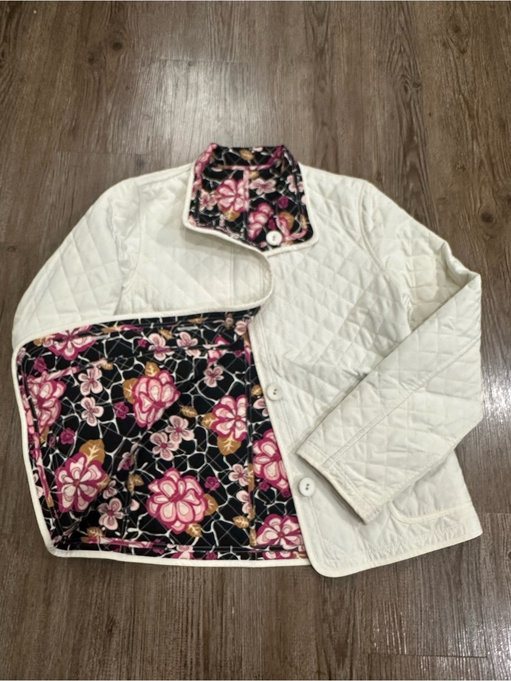Talbots Reversible Cream Quilted Jacket with Black Floral Lining